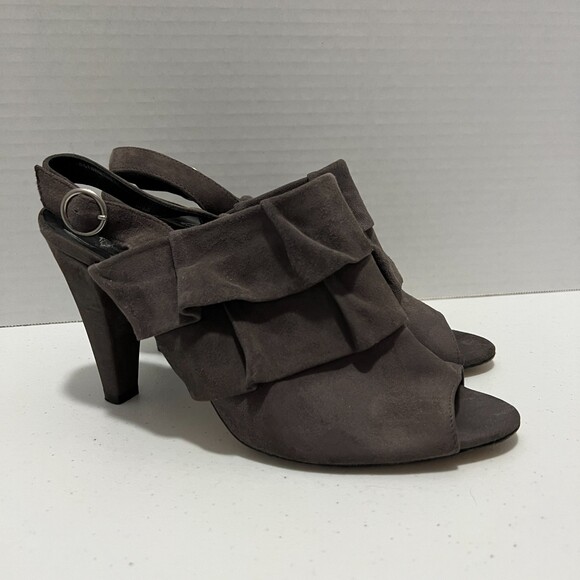 Tibi New York Women's Gray Suede Leather Ruffle High Heel Sandals Size 8.5 B - Picture 1 of 9